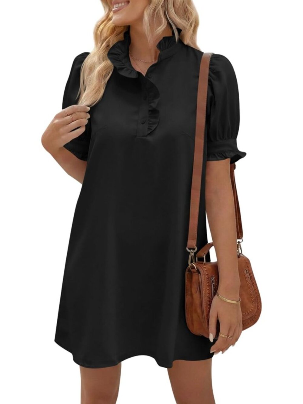 Chic Summer Ruffle V-Neck Puff Sleeve Mini Dress - Perfect for Parties & Casual